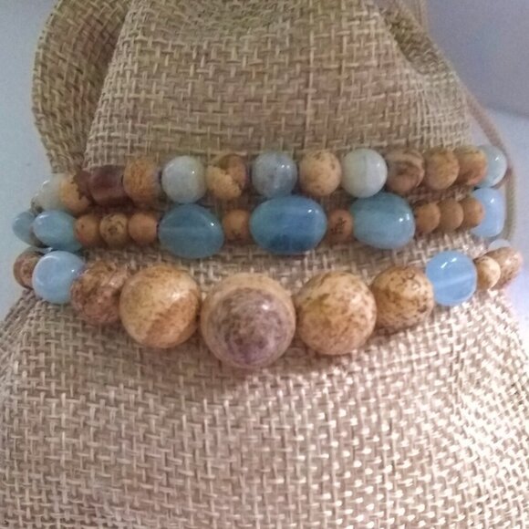 Marvelous 3 Bracelet Set! Aquamarine & Calm Desert Jasper Beads - Adjustable 7"+ - Picture 3 of 12